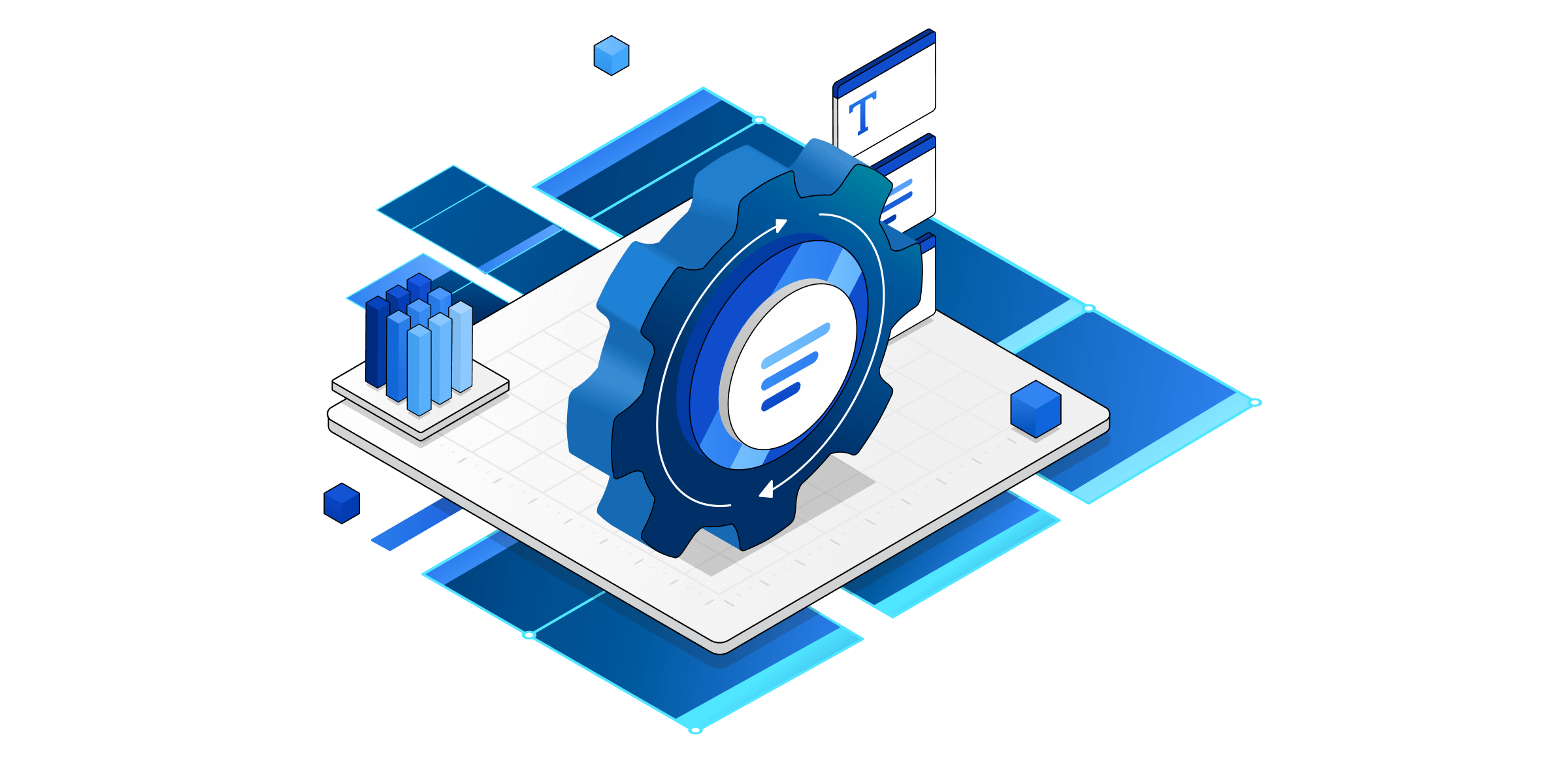 An isometric illustration of technical components for Power Automate services.